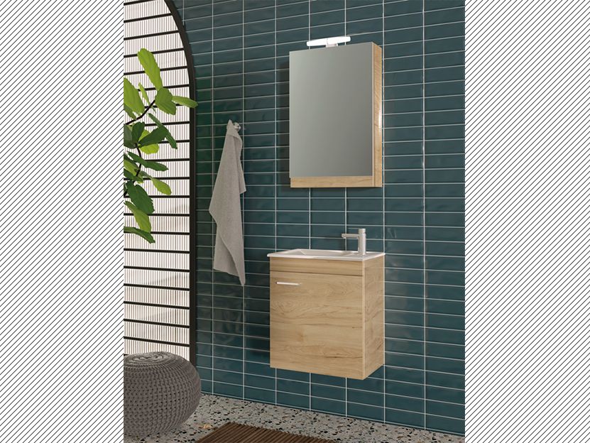 Σετ Έπιπλο Μπάνιου Βάση -Νιπτήρας-Καθρέπτης -Φωτιστικό M50xΠ31,5xY50cm Μελαμίνη Light Hickory Savvopoulos Economy Emily III-8086