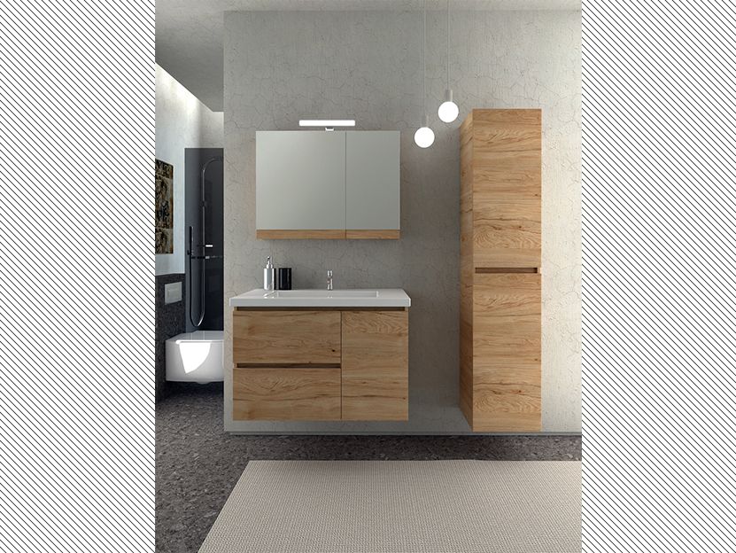 Σετ Έπιπλο Μπάνιου Μ86xB50xY55cm Βάση-Νιπτήρας-Καθρέπτης -Φωτιστικό Laminate Μελαμίνη MDF Light Hickory Savvopoulos Funky 004