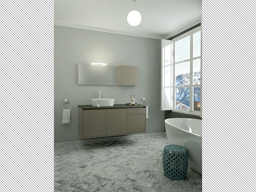 Σετ Έπιπλο Μπάνιου 120*50 εκ.MDF Λάκα Τεσσίτα Μόκα Πάγκος Τεχνογρανίτης 20mm, Νιπτήρας, Καθρέπτης,Άνω Ντουλάπι, Φωτιστικό Urban I