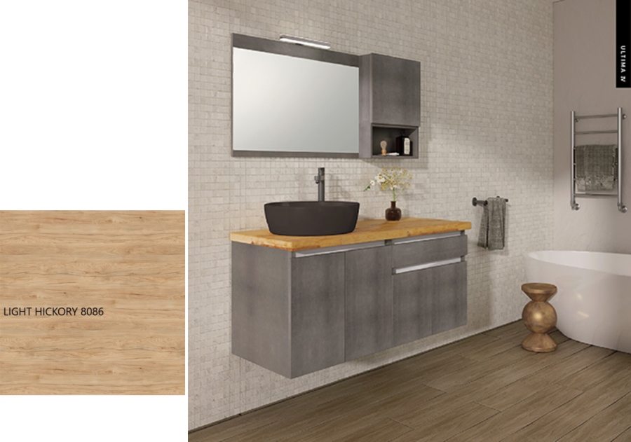 Έπιπλο Μπάνιου Μ120xB50xY55cm Βάση-Πάγκος Μασίφ Ξύλο Πεύκο-Νιπτήρας-Καθρέπτης-Φωτιστικό-Άνω Ντουλάπι Μελαμίνη σε MDF Ligfht Hickory Savvopoulos Ultima 04-8086