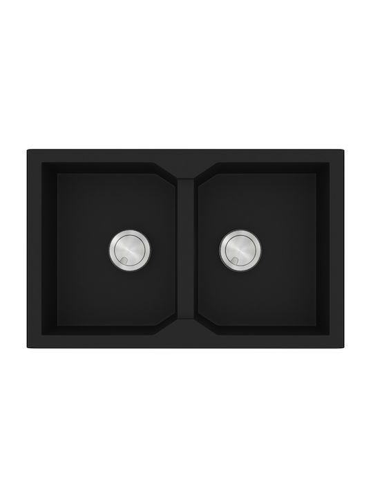 Νεροχύτης Κουζίνας 79x50cm 2 Γούρνες Ένθετος Eρμάριο 80cm Sanitec Ultra Granite 806-33-Nero