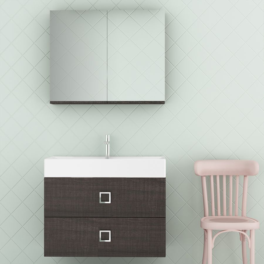 Orabella Touch 81 με δύο Πόρτες - Κρεμαστό Έπιπλο Μπάνιου με πορσελάνινο νιπτήρα Tecla και καθρέπτη με εταζέρα και ντουλάπι F60167-70151-70111-70115-60167