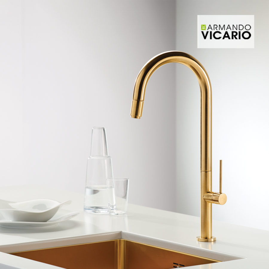 Μπαταρία Κουζίνας Brushed Gold Περιστρεφόμενο ρουξούνι με συρόμενο ντους Armando Vicario Tozo 48780-201