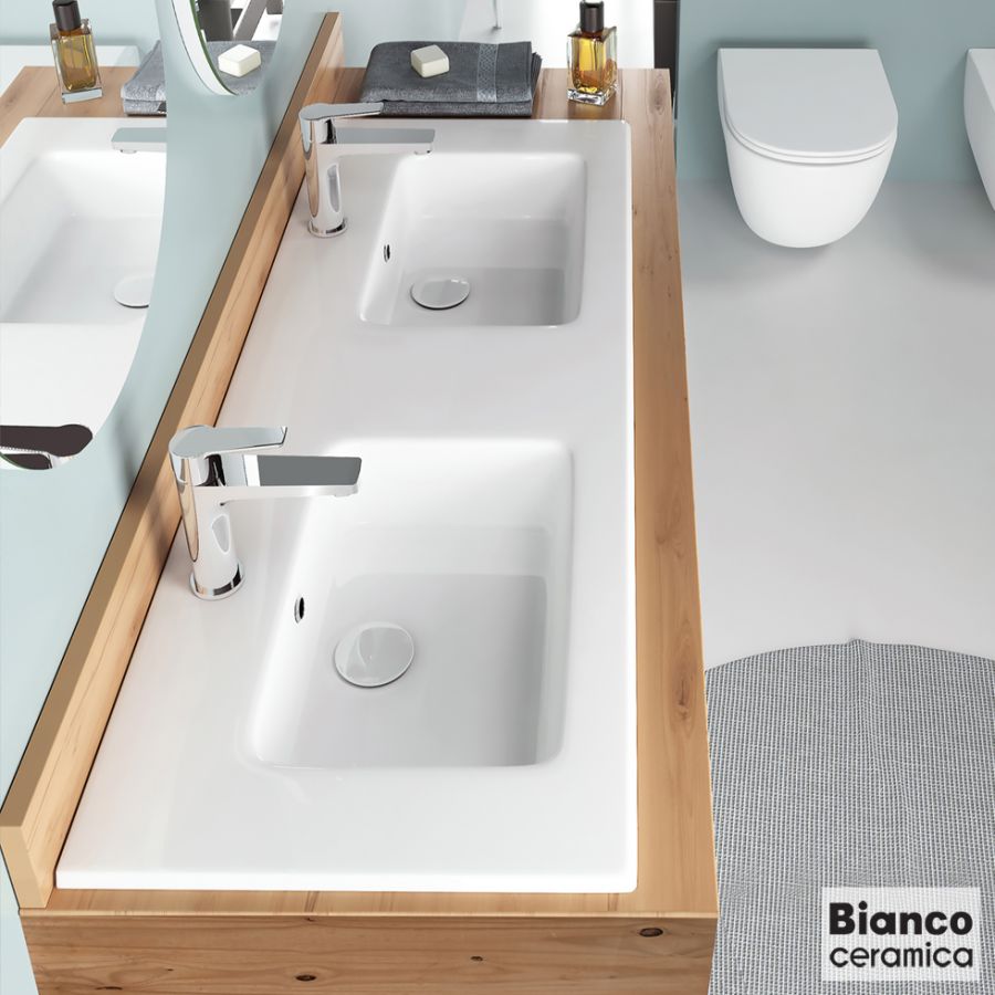 Νιπτήρας Πορσελάνης Διπλός Flat 121,6x46 (2 οπές) Bianco Ceramica White 36120-300