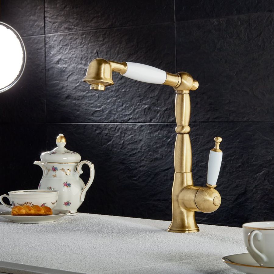 Μπαταρία Νεροχύτη Κουζίνας με ντους Μπρονζέ /Λευκό Πορσελανάκι Bugnatese Oxford 6388-220
